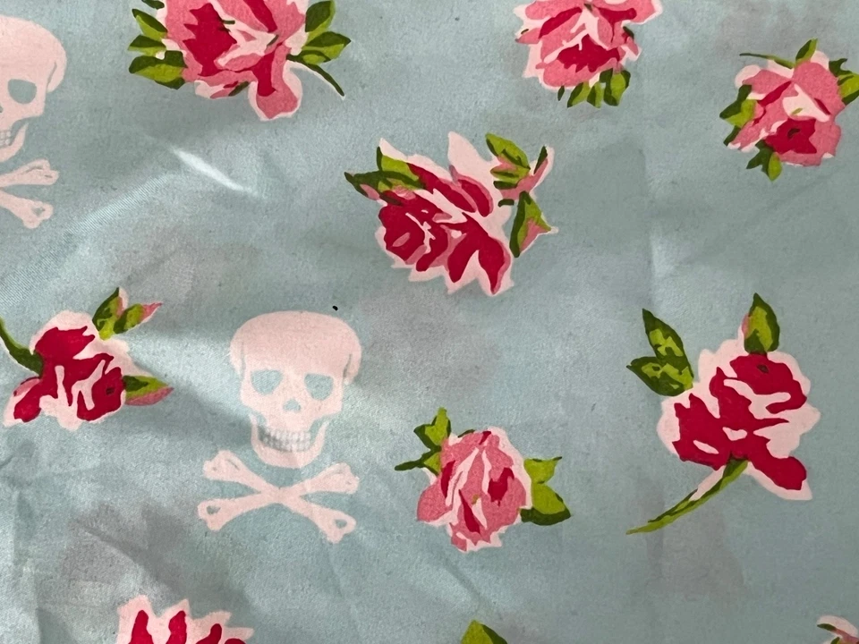 Betsey Johnson Fabric Shower Curtain Blue Skull and Flower  72" x 72"  READ - Image 2 of 3