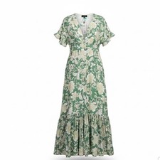 Minkpink Womens Green Floral Maxi Dress With Ruffle Sleeves & Buttons Size L