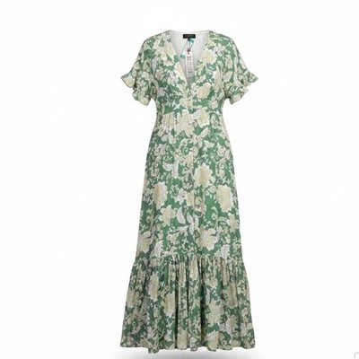 Minkpink Womens Green Floral Maxi Dress With Ruffle Sleeves & Buttons Size L