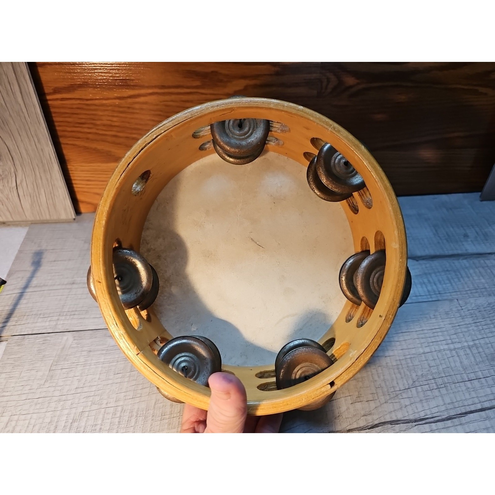 TAMBOURINE DOUBLE ROW CYMBALS 8 Inch Wood With Drum Pad Top Thumb Hole Vintage 