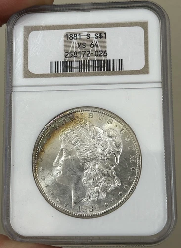 1881-S MS64 NGC Morgan Dollar - Old Holder Rainbow Toning