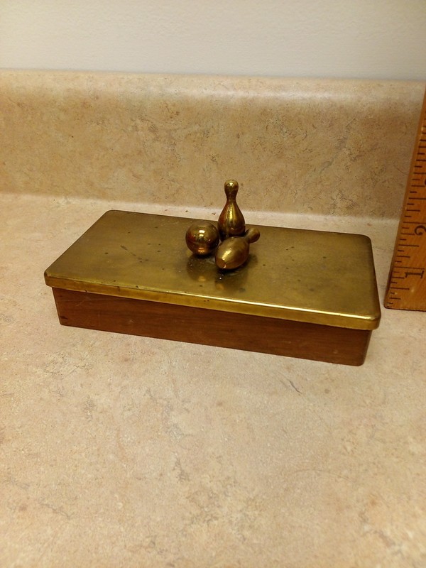 Vintage Brass And Wood Bowling Ball And Pins Box
