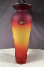 Blenko Glass Vase Tequila Sunrise Satin Glass 10" Yellow Red w Label EXCELLENT