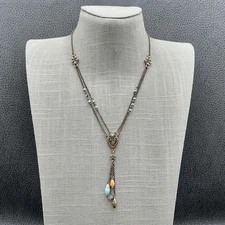 Lucky Brand Boho Y Lariat Necklace Gold Tone Multi Chain Beads Charms Pendant