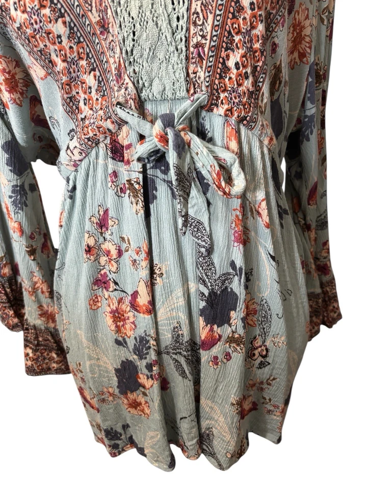 Romántico Gitano Para Mujer XL Boho Floral Túnica Mangas Campana Crochet Encaje Corbata Cintura  Foto 3 de 4