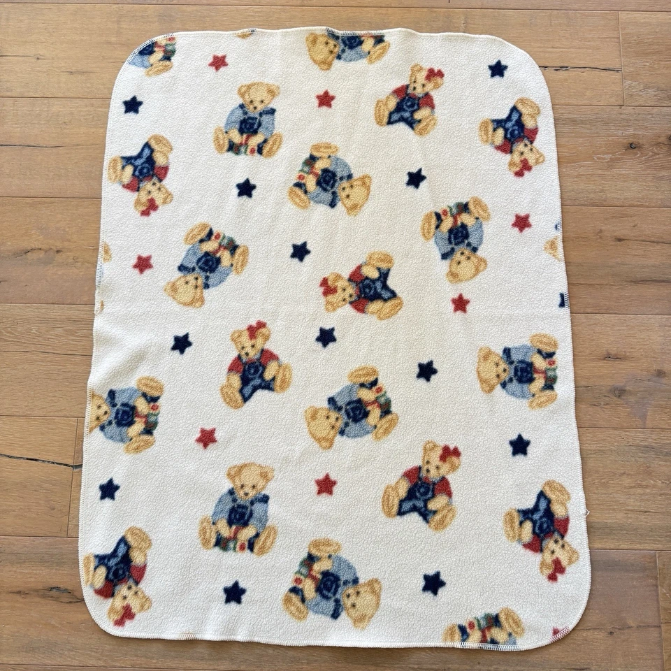 Vintage Blue Jean Teddy Bear Fleece Baby Blanket Girl And Boy Stars Springmaid - Image 2 of 4