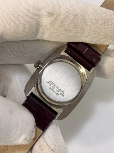 Vintage 1970s Agon Swiss Burgundy Dial TV Case Manual Wind Watch 31x37mm Tank image 18