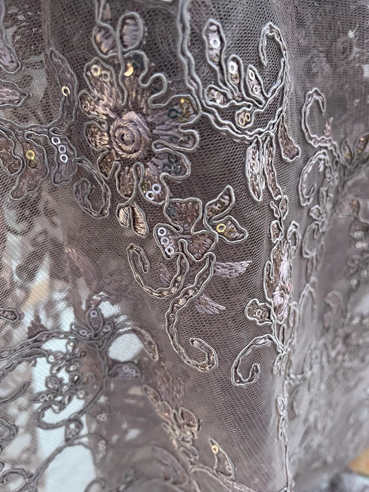 Sale! Mauve Embroidery Floral Pattern Sequined Cord Heavy Lace Fabric 44” x 54” - Image 4 of 4