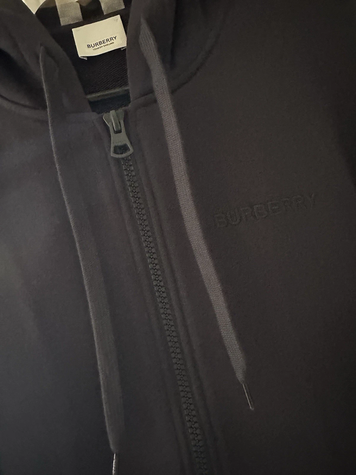 BURBERRY FELPA CON CAPPUCCIO ZIP BLU NAVY LOGO RICAMATO HOVE CHECK AUTENTICA NUOVA con ETICHETTE