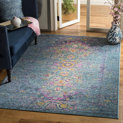 Boho Chic Madison Area Rug 6'7'' Square, Blue & Fuchsia, Easy Care, Non-Shedding