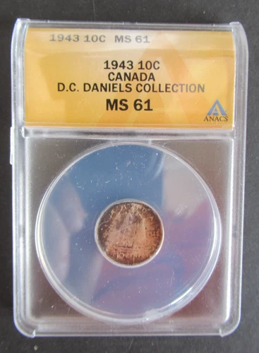 1943 SILVER 10 CENTS ANACS GRADED MS61 CANADIAN DIME