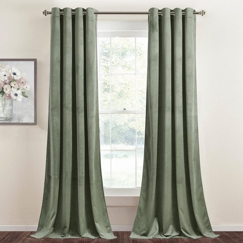 Sage Green Velvet Curtains - Luxurious Room Darkening Grommet Drapes, W52 x L84 - Bild 3 von 10