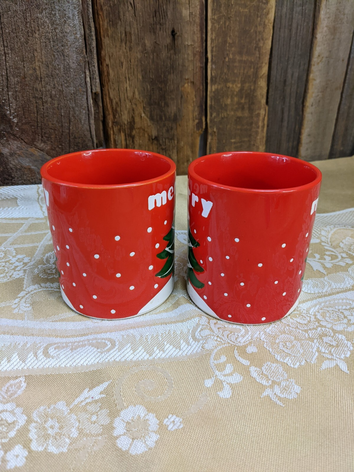 TWO Vintage made in Japan Merry Christmas Tree Coffee Mugs cups Vintage