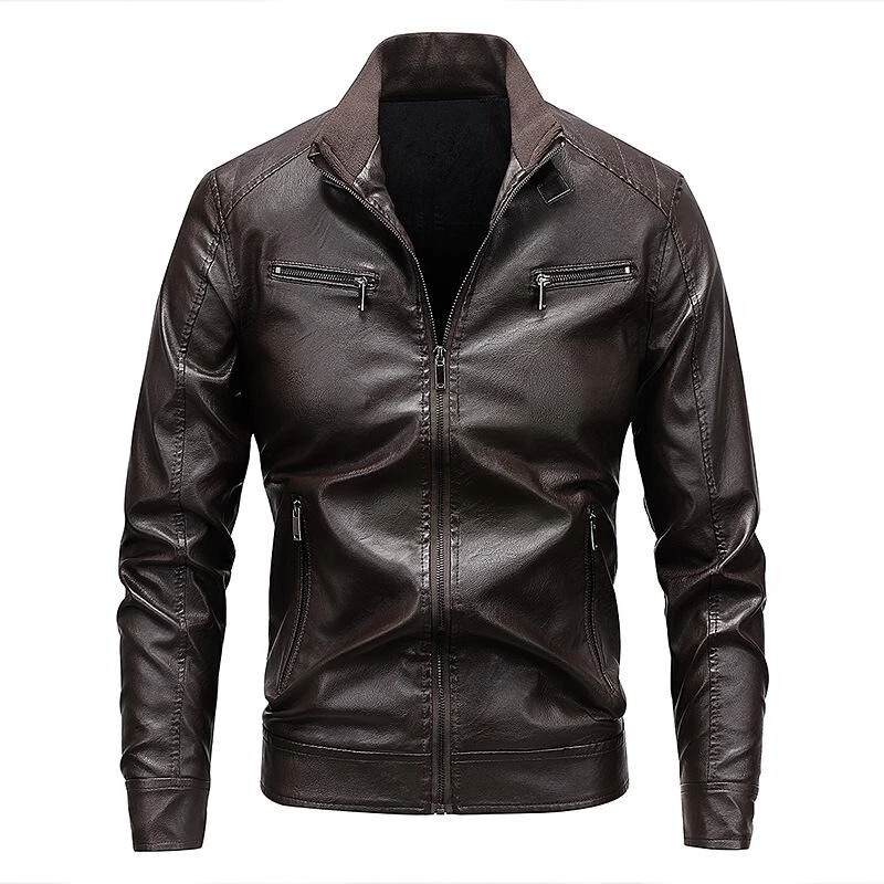 Men’s Dark Brown Faux Leather Jacket Zip Up Slim Fit Lightweight Outerwear