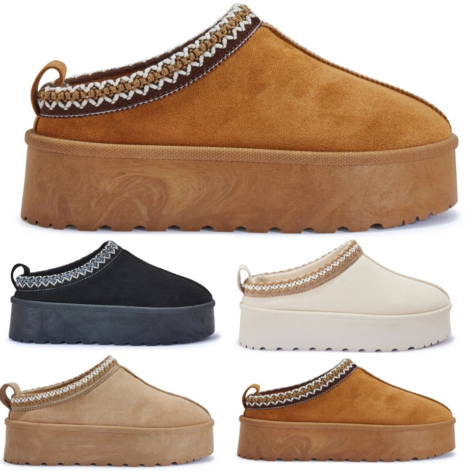 WOMENS LADIES PLATFORM WARM SLIP ON IN OUT DOOR SNUGG FAUX FUR SLIPPERS BOOTS