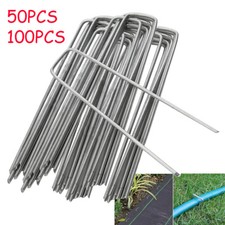 100 x METAL GROUND GARDEN LANDSCAPE WEED MEMBRANE FABRIC TURF HOOKS PEGS STAPLES