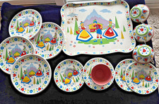 1950-60S OHIO ART, "SWISS MISS" ALPINE LITHO TEASET - 13 PCS, SALMON COLOR BACKS