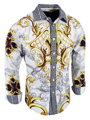 Designer Italian Shirt Stripe Mens Luxury Floral Leaf Print Button Silky Stretch