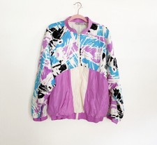 Vintage Silk Bomber Jacket Wearable Art Geometric Watercolor 80s 90s Akita - L