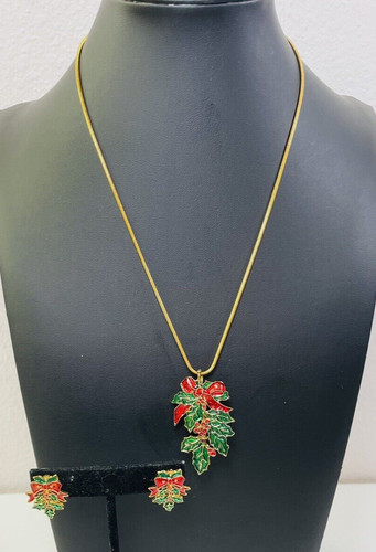 Christmas Holly Pendant  Necklace Matching Stud Earrings