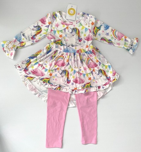girls rainbow star unicorn hi-lo top & pink leggings set size 18-24m/2y/3y/4y/5y - Picture 3 of 12