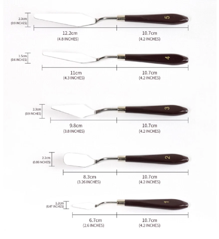 Juego de 5 cuchillos de paleta de acero inoxidable - Herramienta de espátulas rascadoras de artista de pintura al óleo Foto 3 de 4