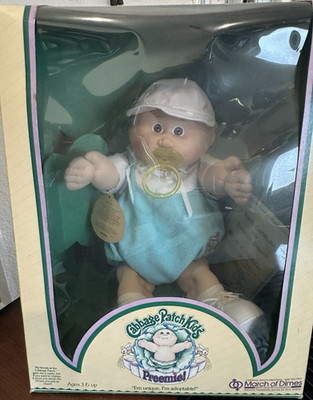 Cabbage Patch Kids Preemie 14'' Baby Doll 1985 w/ Box, Papers, Outfit & Hat