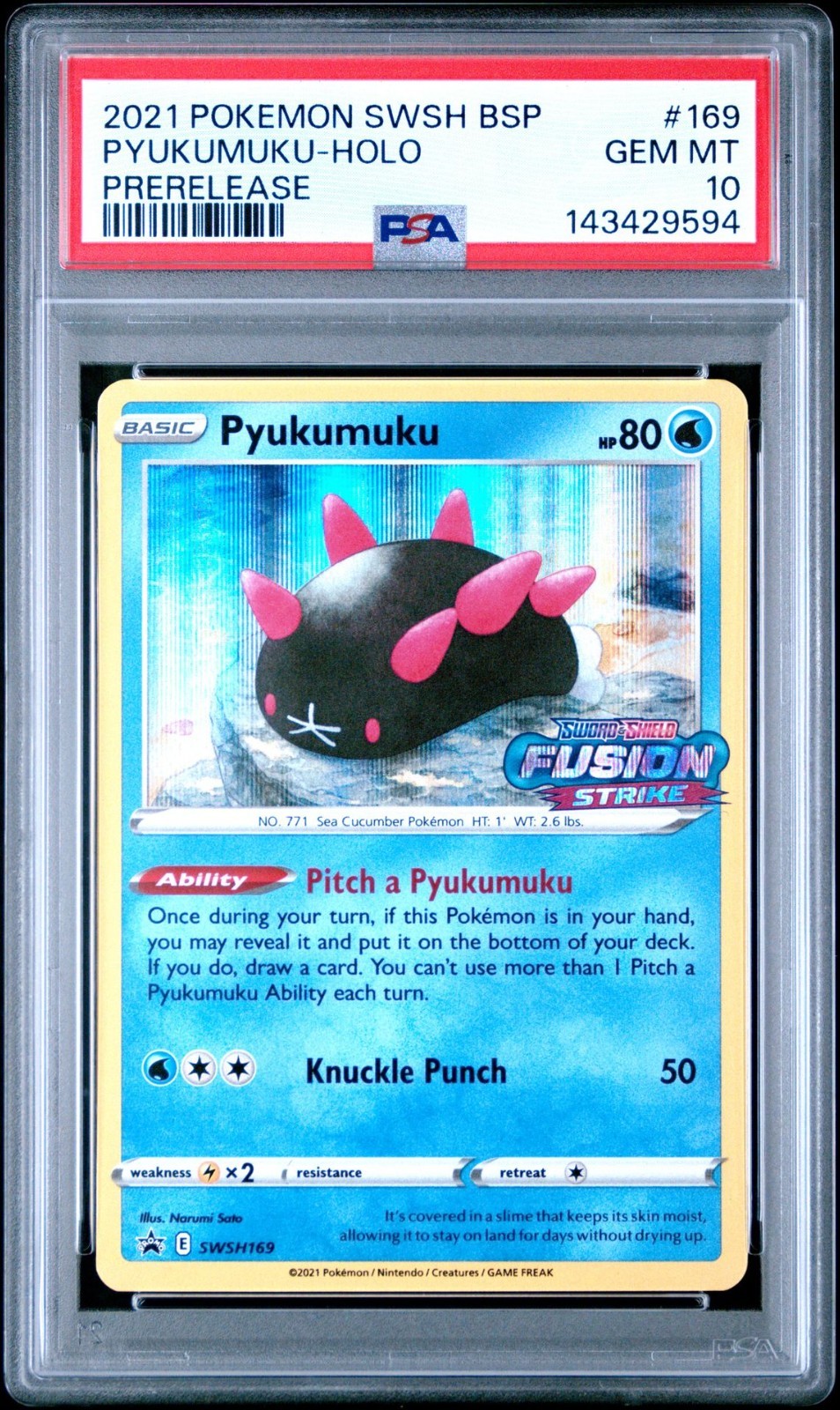 2021 Pokémon SWSH Black Star Promo #169 Pyukumuku Stamped Holo Prerelease PSA 10