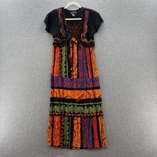 VTG 90s Carole Little Dress Size 4 Black Colorful Geo Print Tie Top Crinkle Midi