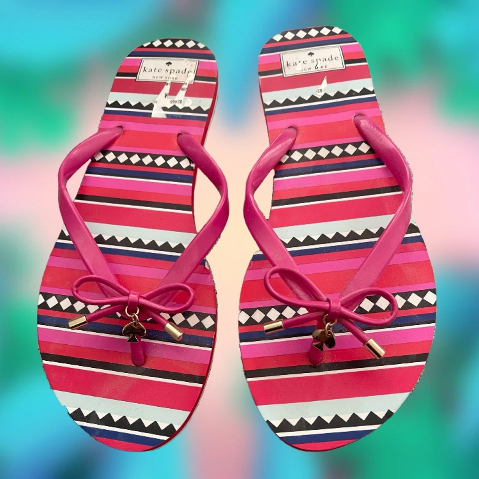 KATE SPADE Nova Pink Stripe Flip Flops w/Bow & Charm Embellishments | 11 US NWOB - Image 2 of 4