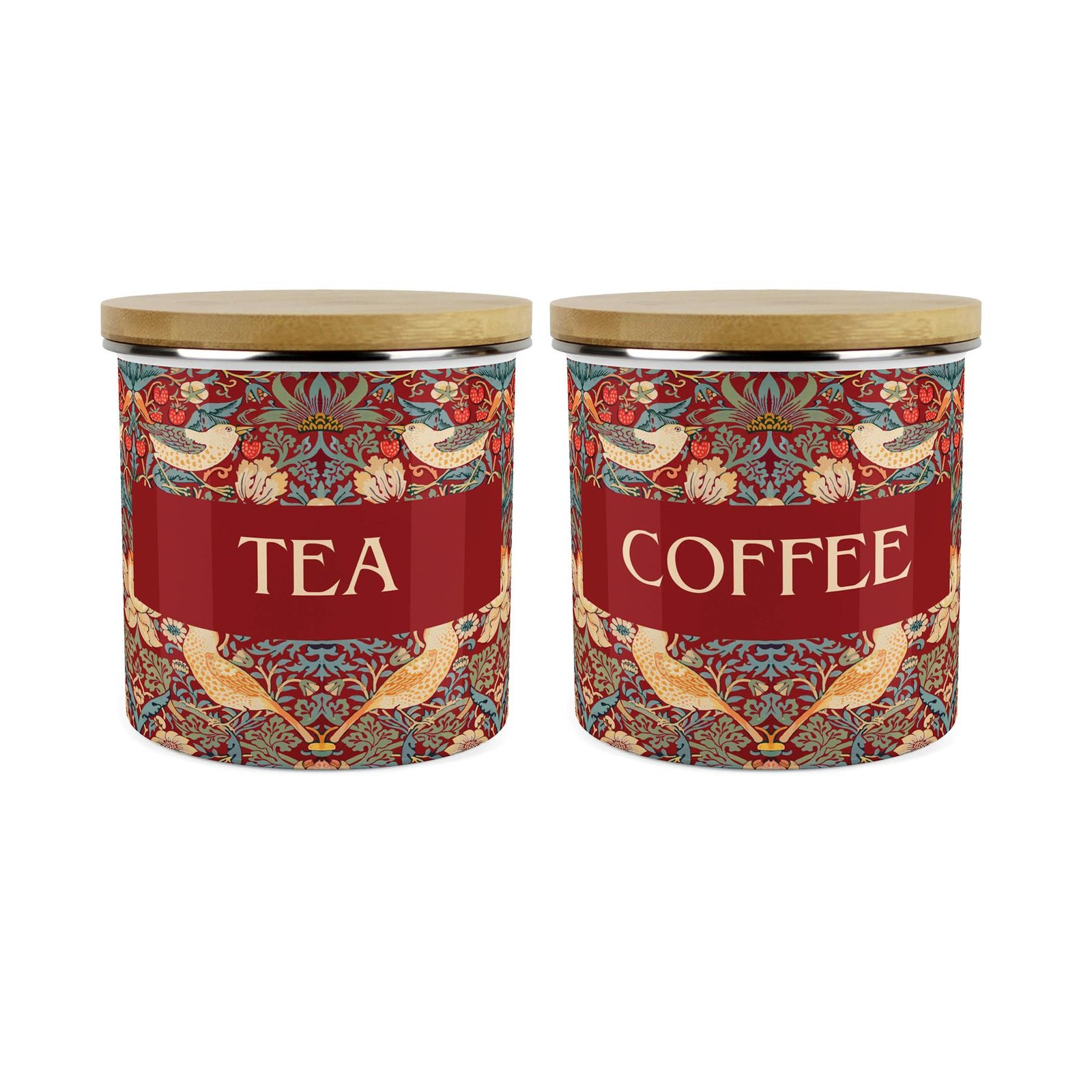 Red Strawberry Thief Tea & Coffee Storage Canisters Set - Homewares Gifts