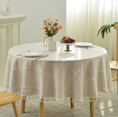 Beige Lattice Embroidery Round Tablecloth Tassel Boho Cotton Linen Fabric 48 D