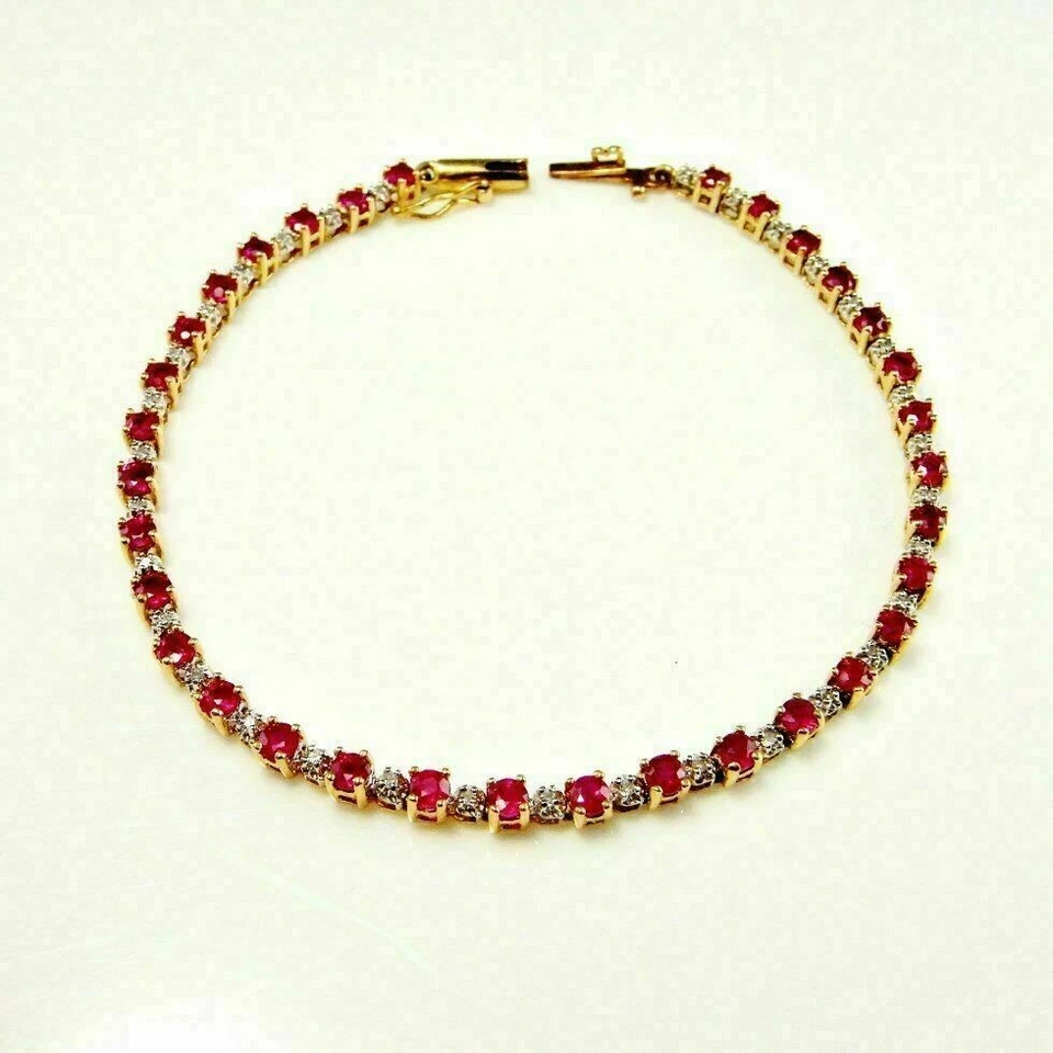 14K Yellow Gold Plated 5.00 Ct Round Cut Red Ruby & Diamond Tennis Bracelet - Image 2 of 4