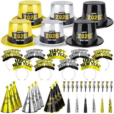 48PCS New Year's Eve Party Supplies for 24 Guests - Headbands, Cone Hats, Horns