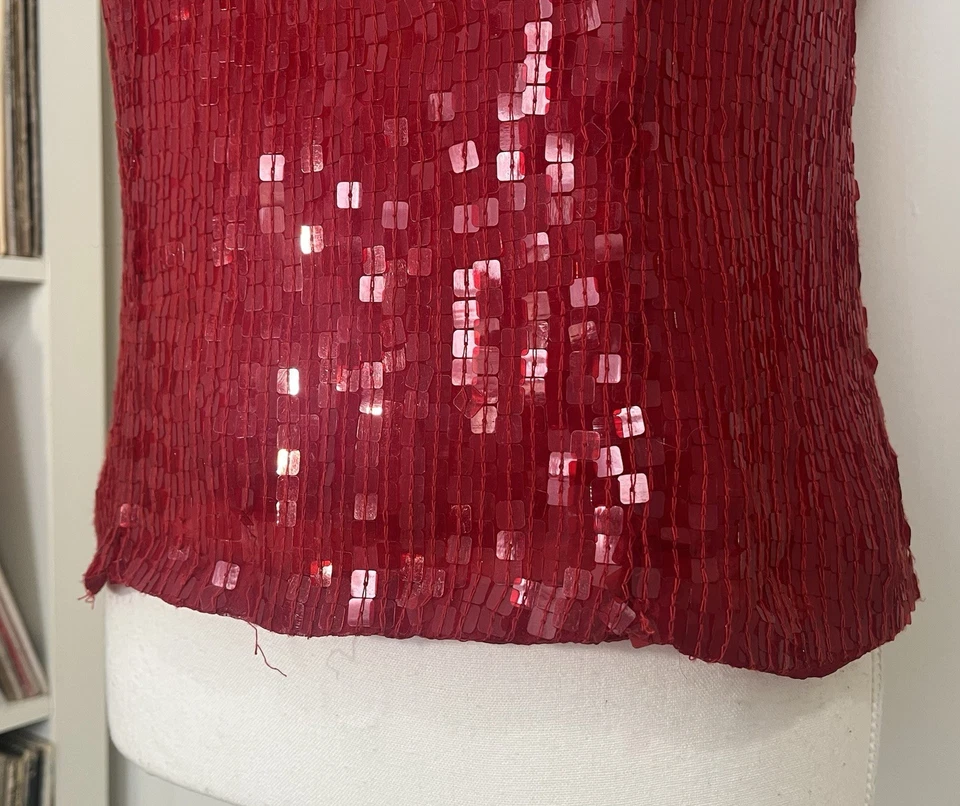 Top sin mangas vintage años 90’s Alfani 100 % seda rojo brillante lentejuelas cuentas para mujer’s M Foto 4 de 4