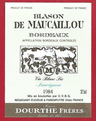 125-26 label Bordeaux dry white Sauvignon 1984 BLASON DE MAUCAILLOU DOURTHE
