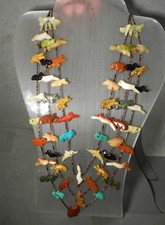 VTG ZUNI CARVED STONE FETISH , TRIPLE STRAND,55 CARVED ANIMALS 28"L