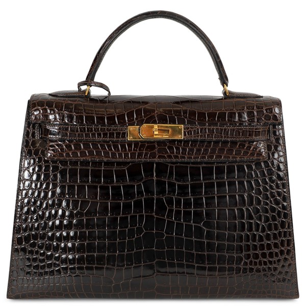 73134 authentische HERMES Marron Fonce braun glänzend Kroko Kelly 32 Verkäufer Tasche Ghw