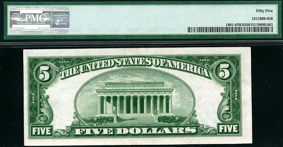 1950 $5 St. Louis *WIDE II* Federal Reserve Note • 1961-Hwii Wide 2 PMG 55 *RARE - Image 2 of 2