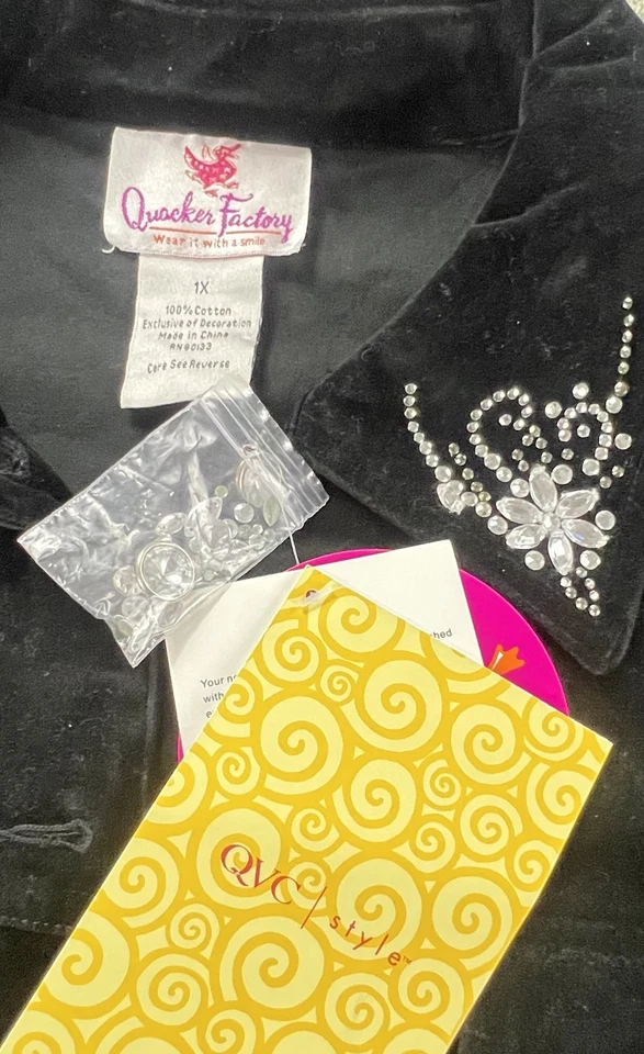 Quacker Factory Jacket Womens 1X Navy Blue Velour Rhinestone Embellished QVC - Image 3 of 4