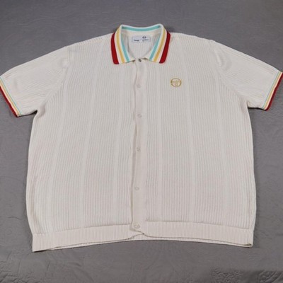 Sergio Tacchini Knit Polo Shirt Mens XL White Button Front Tennis Logo Cotton