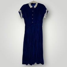 Vintage Dress 1940s Blue Velvet Lace Collar and Arm Rhinestone Button