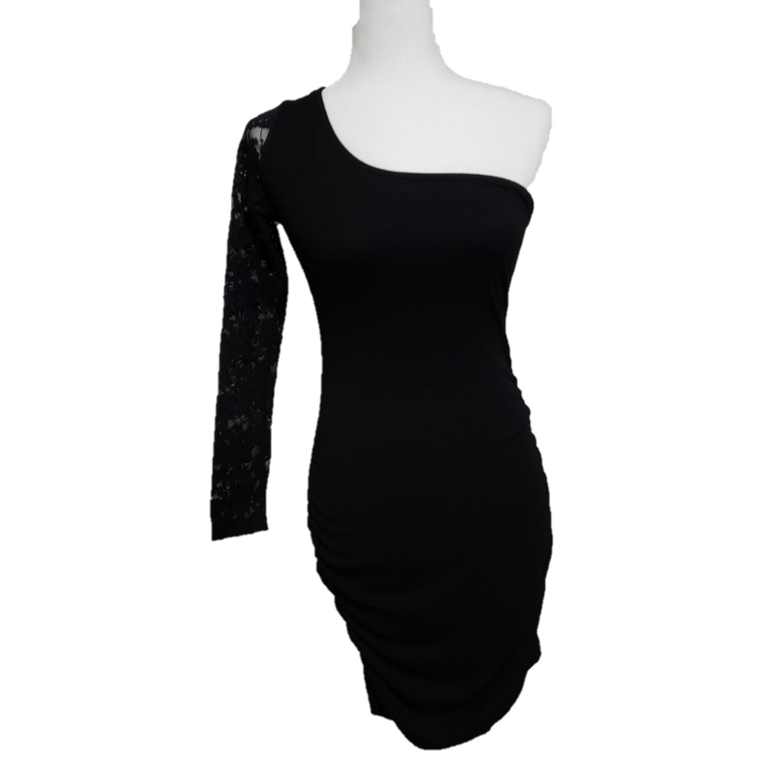 One-Shoulder Slim-Fit Ruched Little Black Dress with Lace Sleeve  Size Small