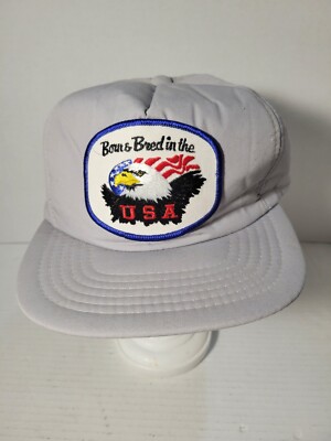 Vintage Gray Born Bred In The USA Eagle Flag Snapback Trucker Patch Hat Cap 80s