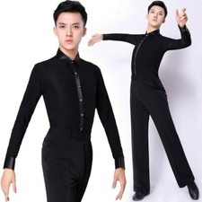 Men Latin Dance Shirt Top Ballroom Modern Salsa Samba Stretch Long Sleeve
