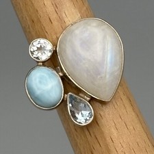 Larimar Moonstone Ring Sterling Silver Blue Topaz Sz 8 Adjustable 925