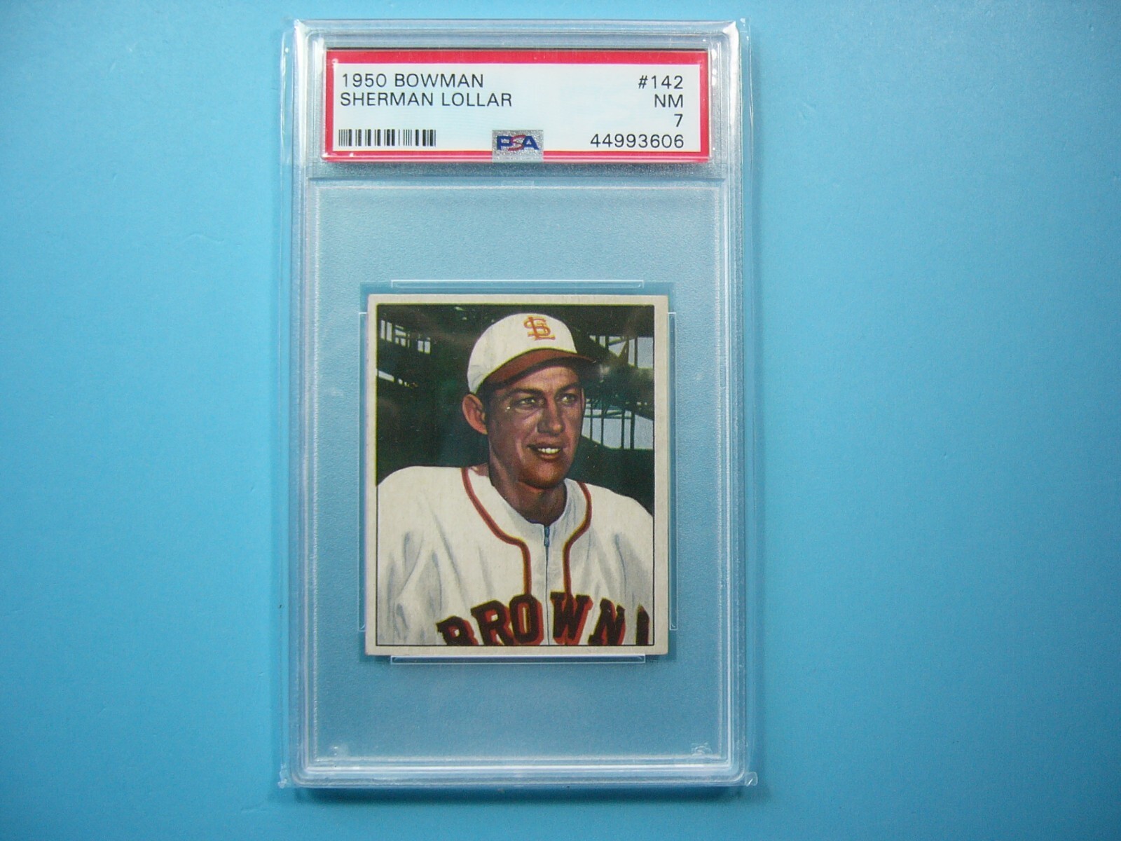 1950 BOWMAN MLB BASEBALL CARD #142 SHERMAN LOLLAR ROOKIE RC PSA 7 NM SHARP!! GL