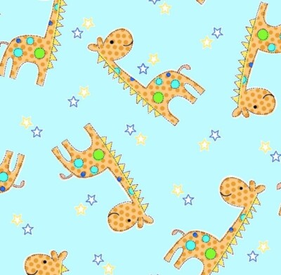 A.E. Nathan Baby Giraffes on Blue Cotton Flannel Fabric by the Yard