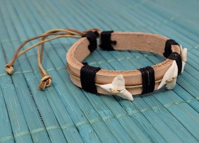 Fossil Shark Tooth Bracelet Surfer Bracelet Shark Teeth Bracelet Cuff Leather - Image 4 of 4