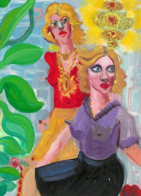 Los Angeles Lesbians, Oil on Yupo Paper, 9''x12'', women, two lovers